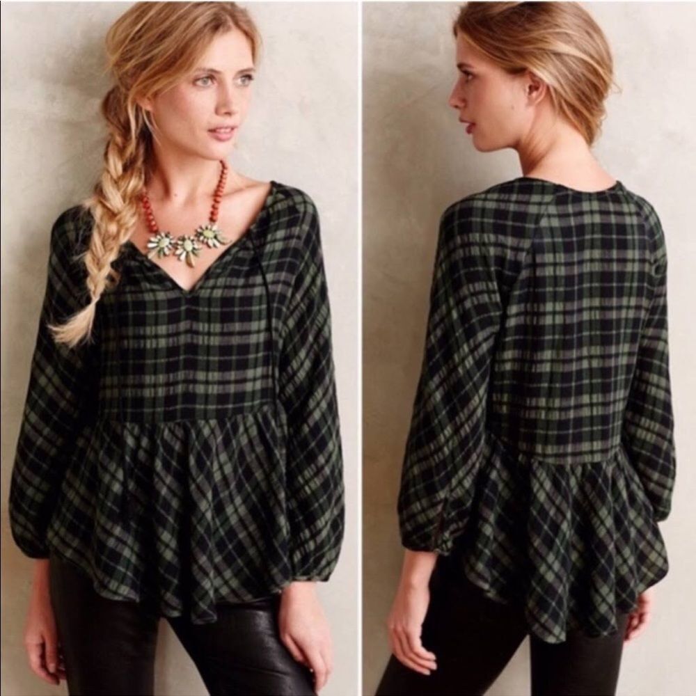 Anthropologie Holding Horses Green and Black Plaid Top